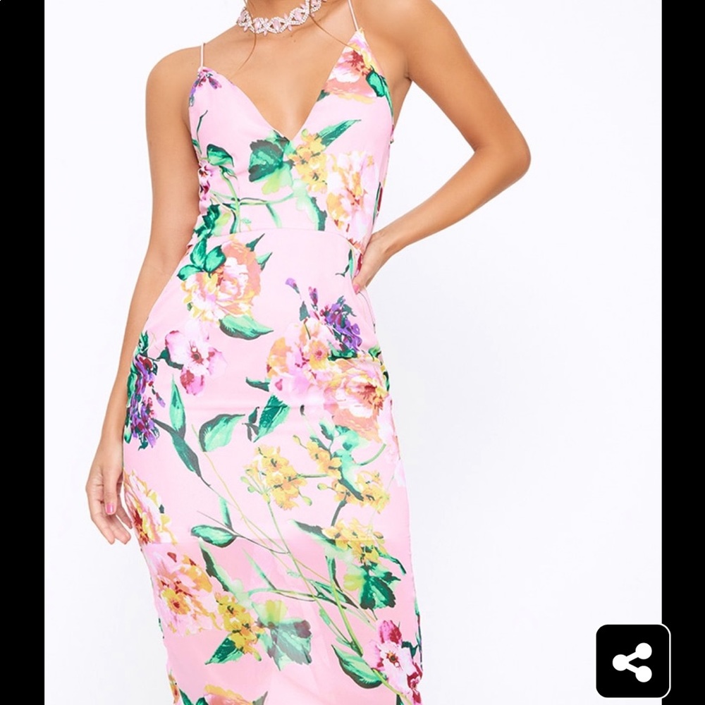 Pink Floral Tie Back Midi Dress